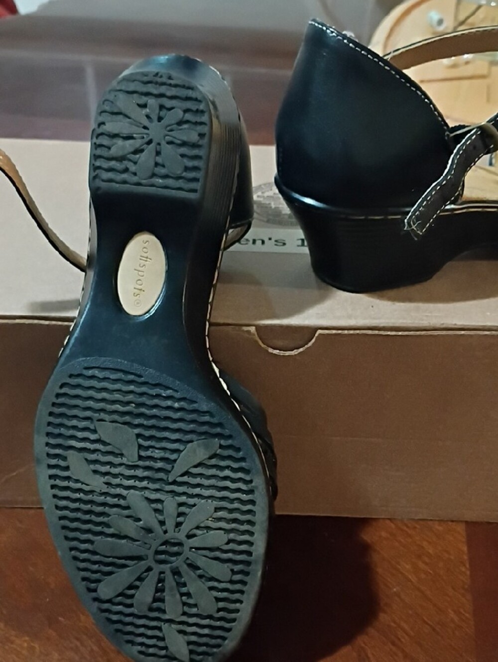 Softspots Black Strappy Peep-Toe Heels with Ankle Strap - Picture 5 of 7